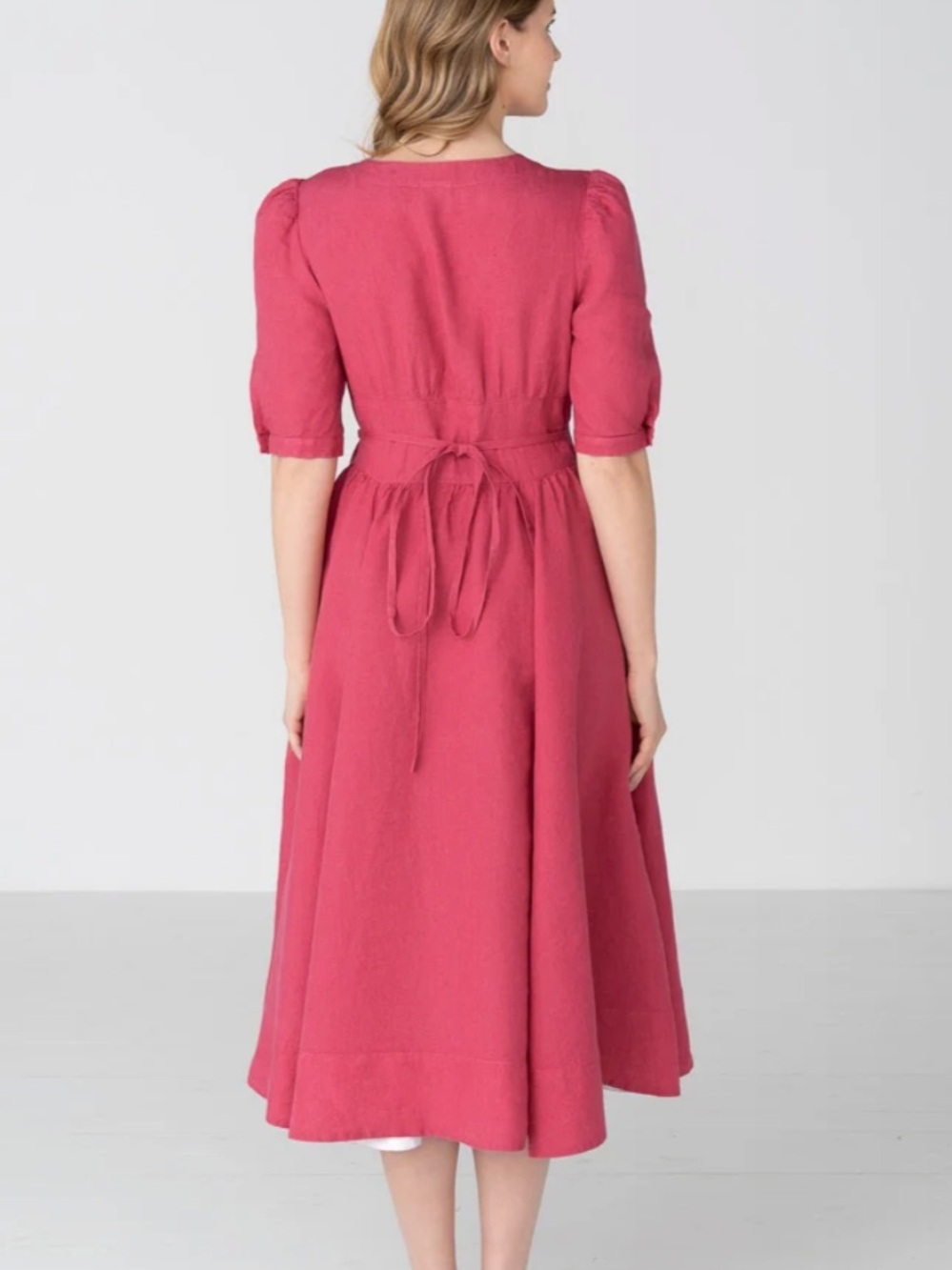 Son De Flor NWT Diane puff sleeve linen midi dress in wild rose size XS - Picture 5 of 5